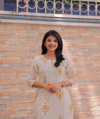 Front view of beige cotton kurti for daily wear