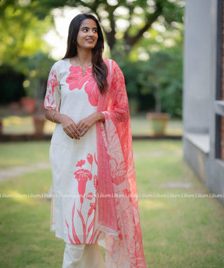 Blushfire Coral Cotton 3-Piece Set with Elbow Sleeves & Pockets