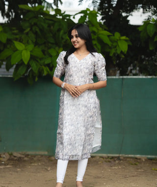 Front view of Silver Cloudscape tissue silk kurti