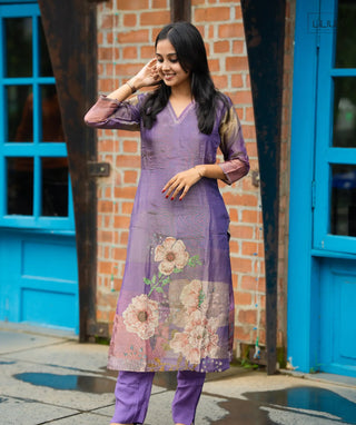 Front view of Raven Violet tissue silk co-ords set