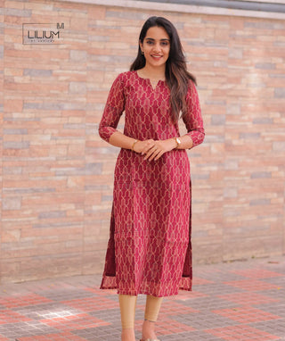 Maroon Mirage tussar kurti with 3/4th sleeves – front view