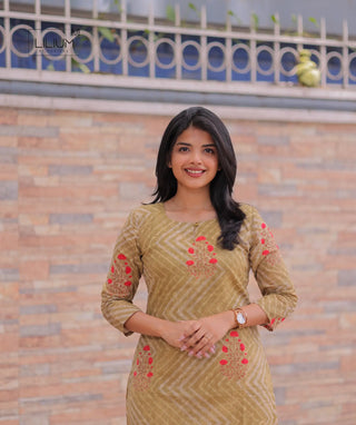 Casual ochre bloom cotton kurti – front view